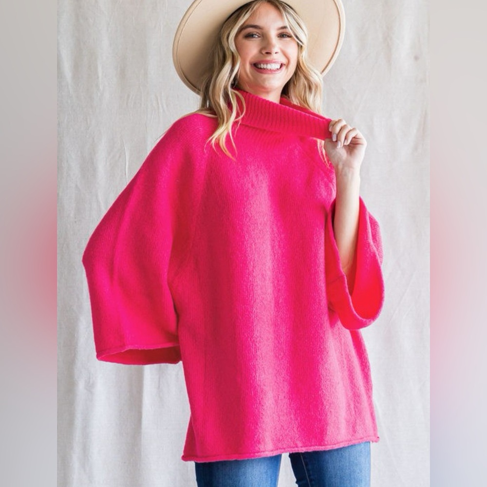Pink Dolman Sleeve Turtleneck Sweater